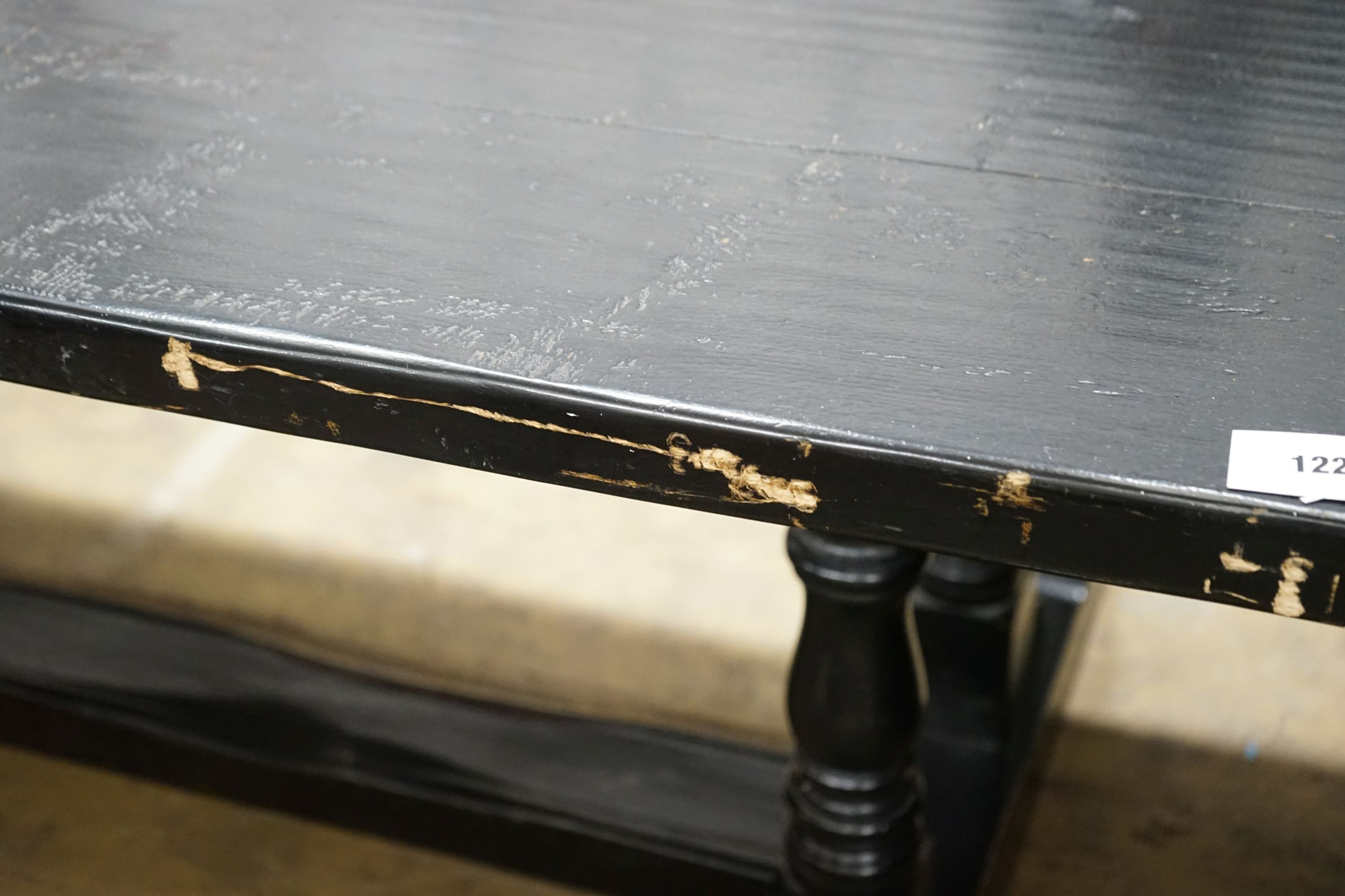 An 18th century style rectangular painted oak refectory dining table, length 229cm, depth 98cm, height 76cm